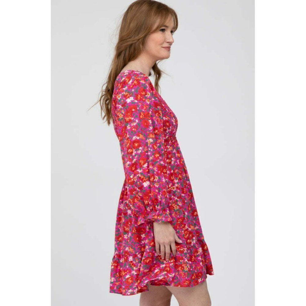 JODIFL Fuchsia Floral Pink Smocked Front Ruffle Trim Dress Fall New S-L G5392-2 - Picture 7 of 8